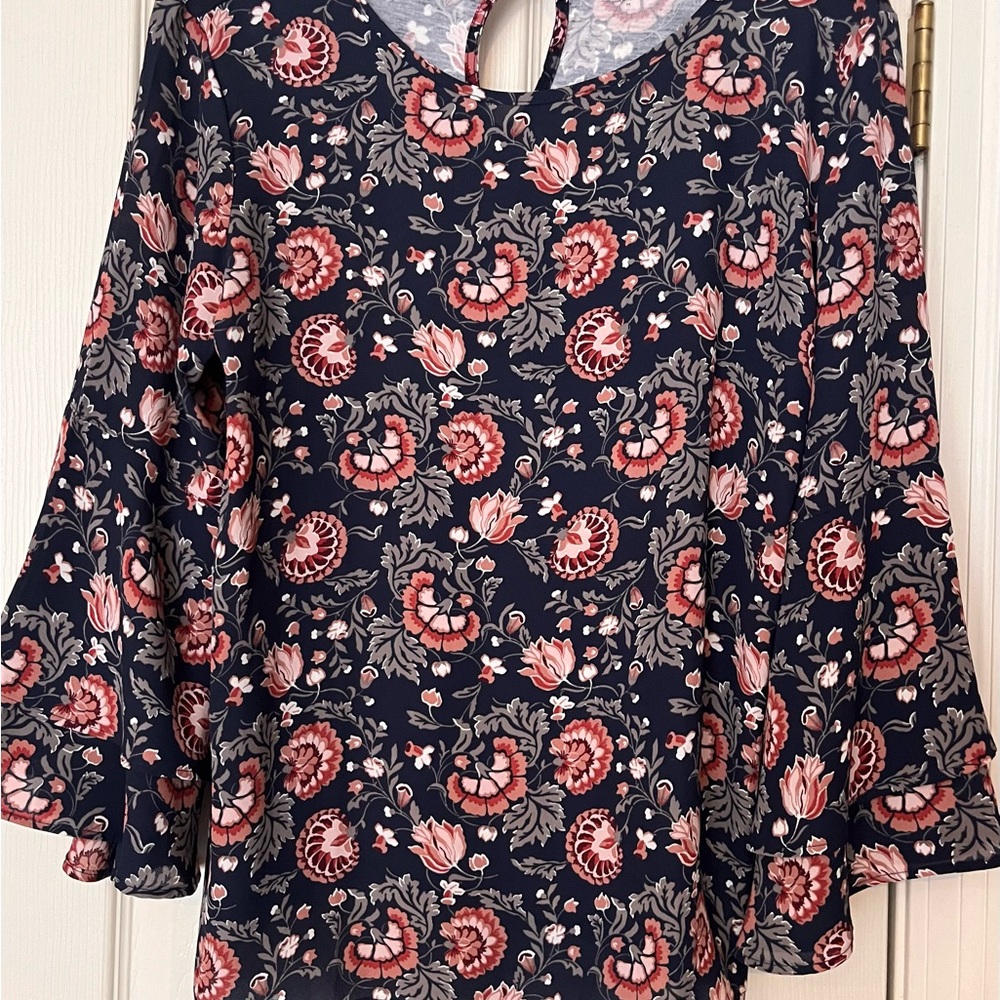 LOFT Navy and Pink Floral Blouse